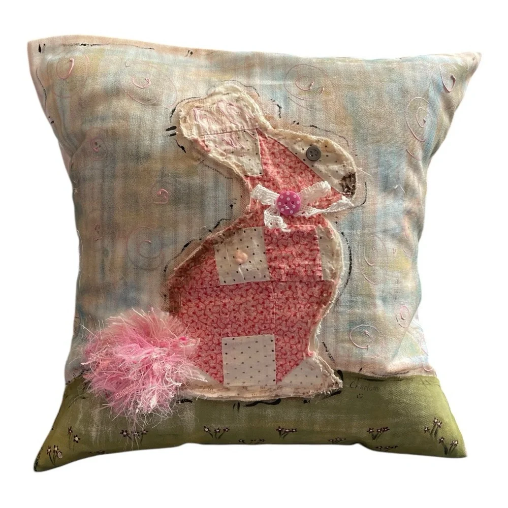 Handmade , Hand crafted and hand painted by me.Patchwork Bunny Decorative Pillow